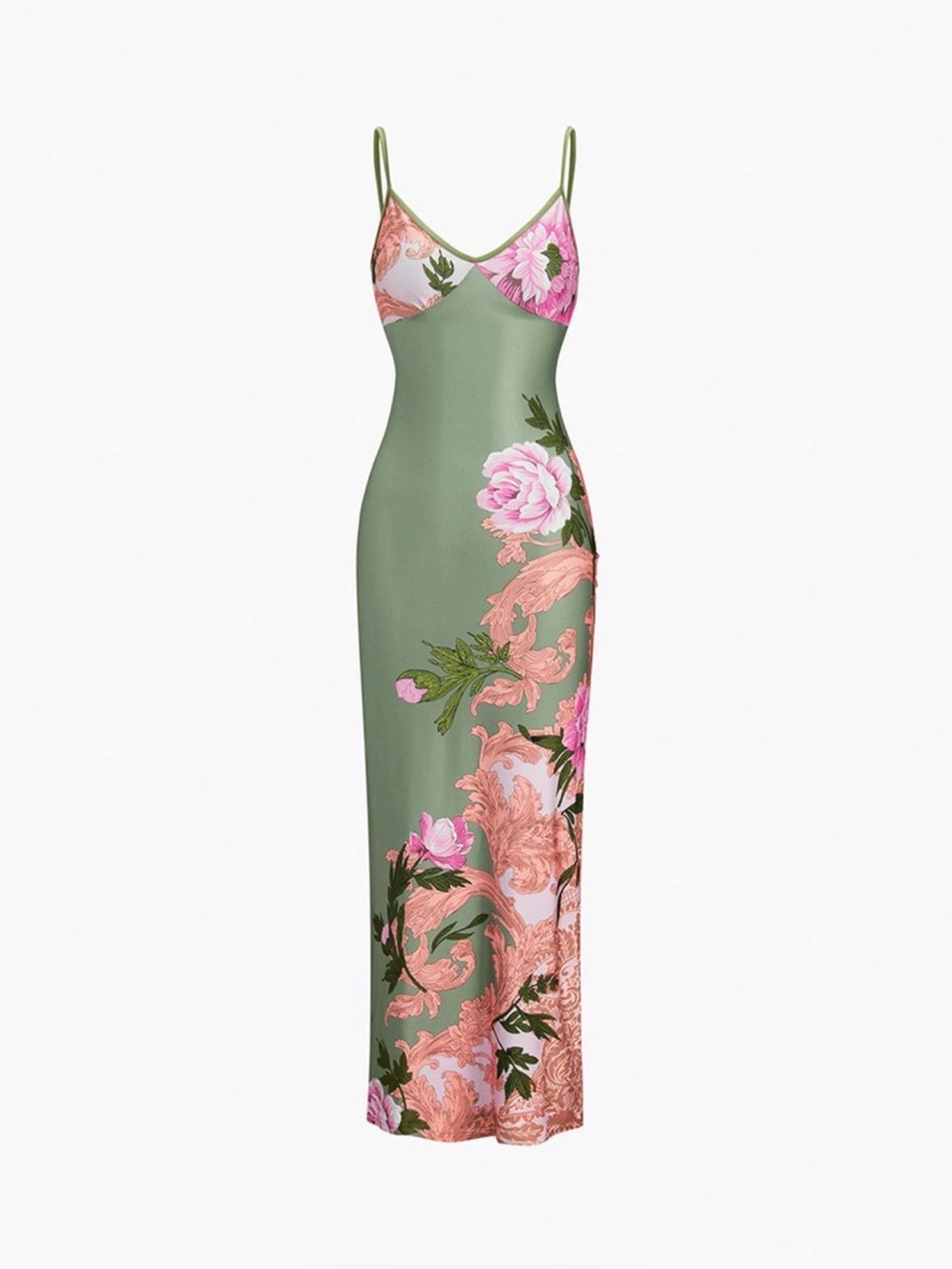 Commense Olive Green Maxi Slip Dress with Pink Floral Print - Picture 2 of 8